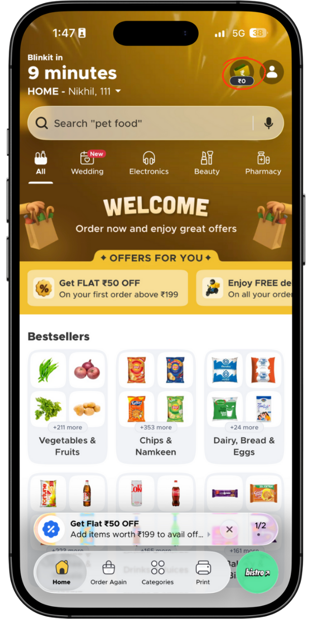 Step 1 - Log on to Blinkit App and click on Blinkit Money